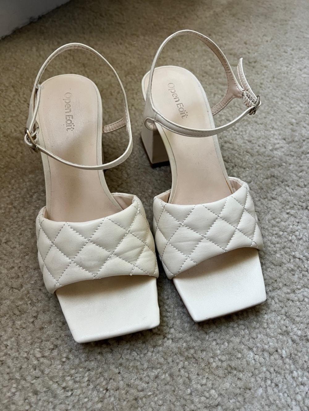 Open Edit Cream Quilted Block Heel Sandals with Ankle Strap